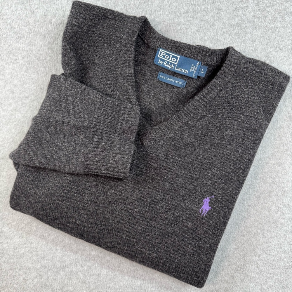 Polo Ralph Lauren Lambs Wool V Neck Long Sleeve Dark Gray‎ Sweater Purple Pony L